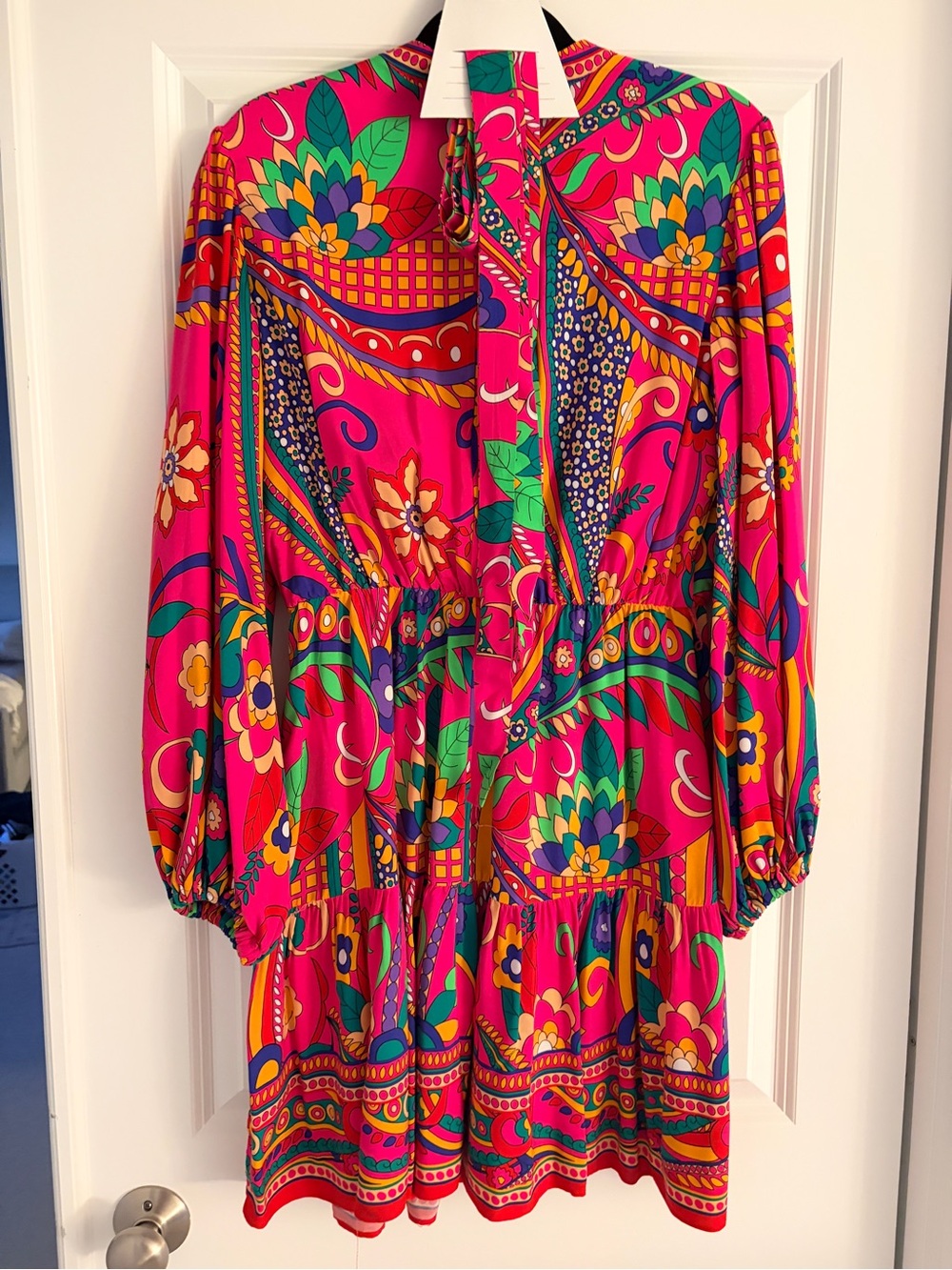 Adrianna Papell Pink Multi Paisley Tie-Waist Long Sleeve Dress - Sz: 8 - Picture 4 of 7